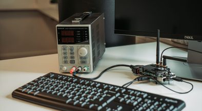 Estação de trabalho com teclado, monitor e equipamentos usados para programação e desenvolvimento de aplicações.