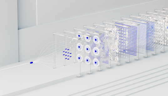 Visualização abstrata de redes neurais interconectadas e fluxos de dados em um ambiente digital.