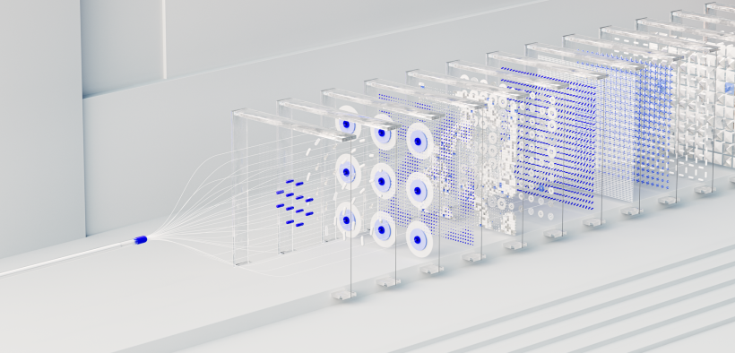 Visualização abstrata de redes neurais interconectadas e fluxos de dados em um ambiente digital.