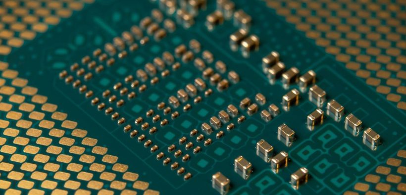 Close-up de um microprocessador com circuitos eletrônicos detalhados.