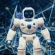 Robô humanoide com detalhes luminosos diante de um fundo de rede digital futurista.